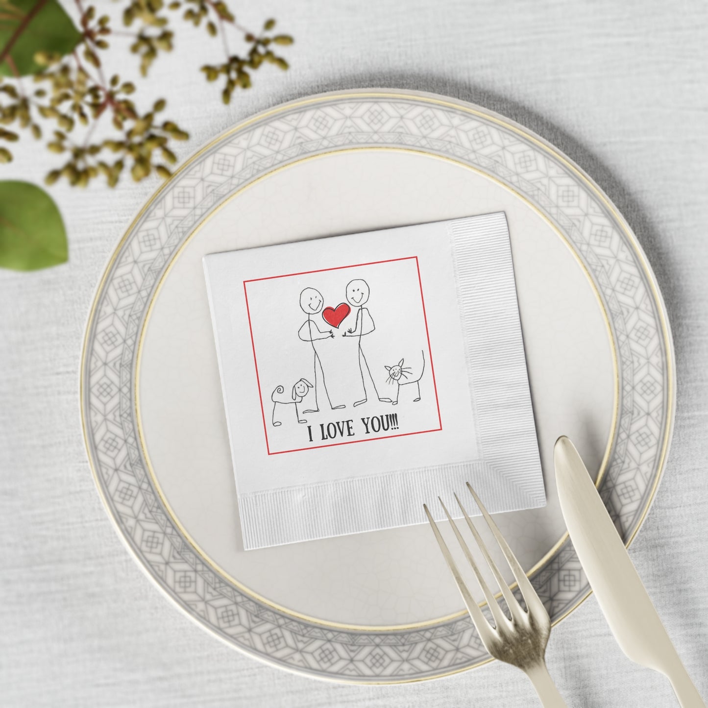 "I Love You" Valentine White Coined Napkins