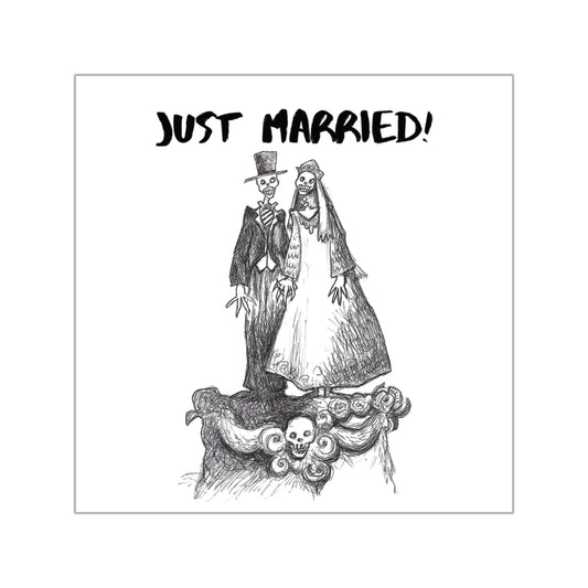 Skeleton Wedding Cake Bride & Groom "Just Married" Halloween Indoor & Outdoor Square Kiss-Cut Vinyl Sticker