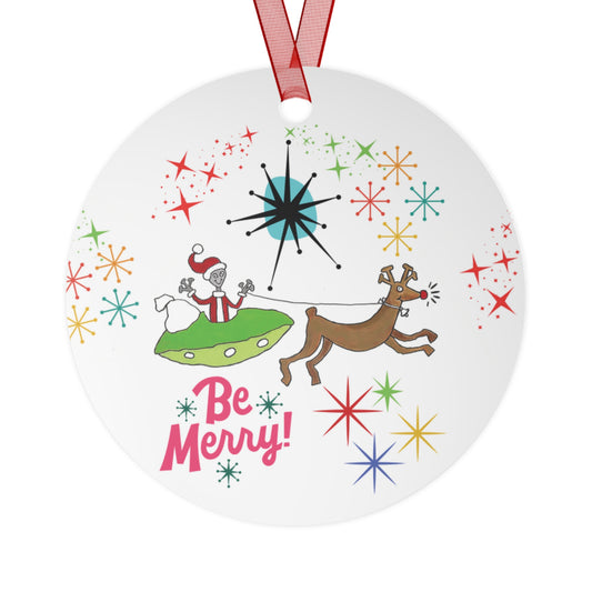 Mid-Century Space Alien Santa Claus & Rudolph Christmas Tree Metal Ornament