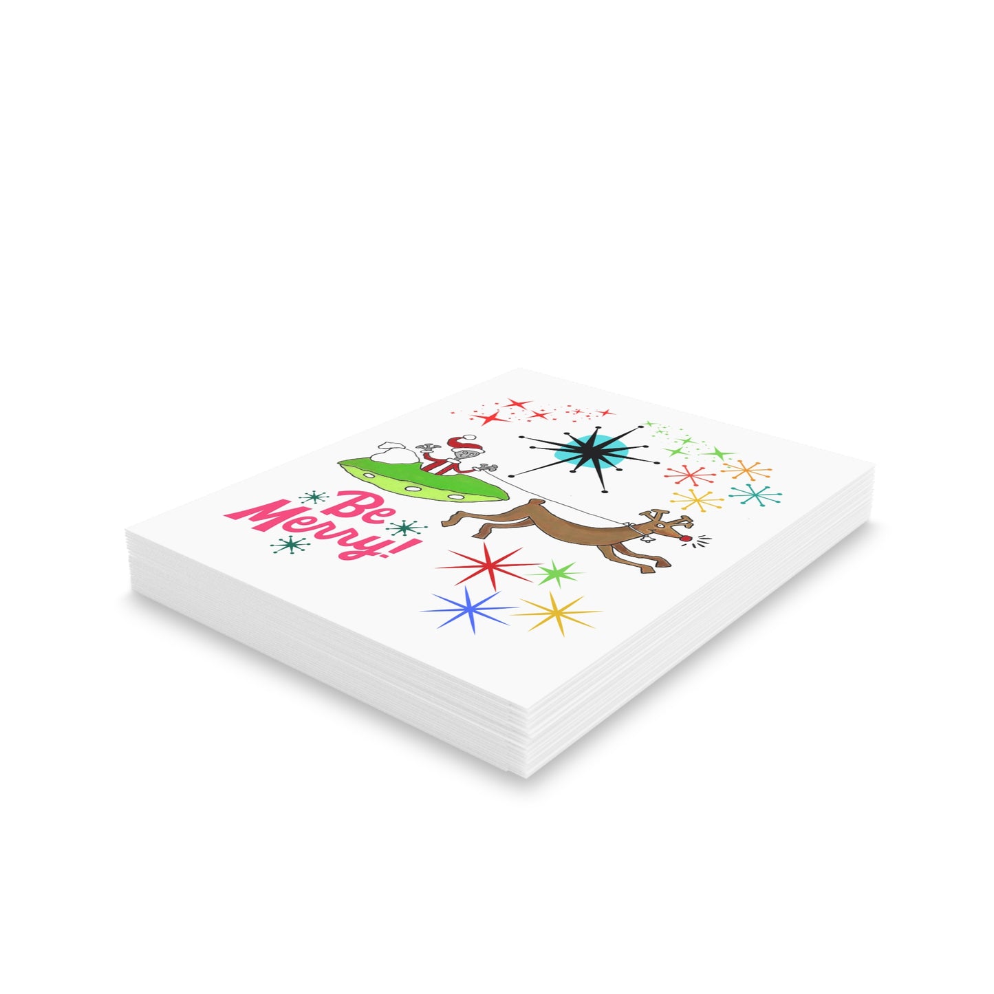 Mid-Century Space Alien Santa Claus & Rudolph Greeting Christmas Cards (8, 16, and 24 pcs)