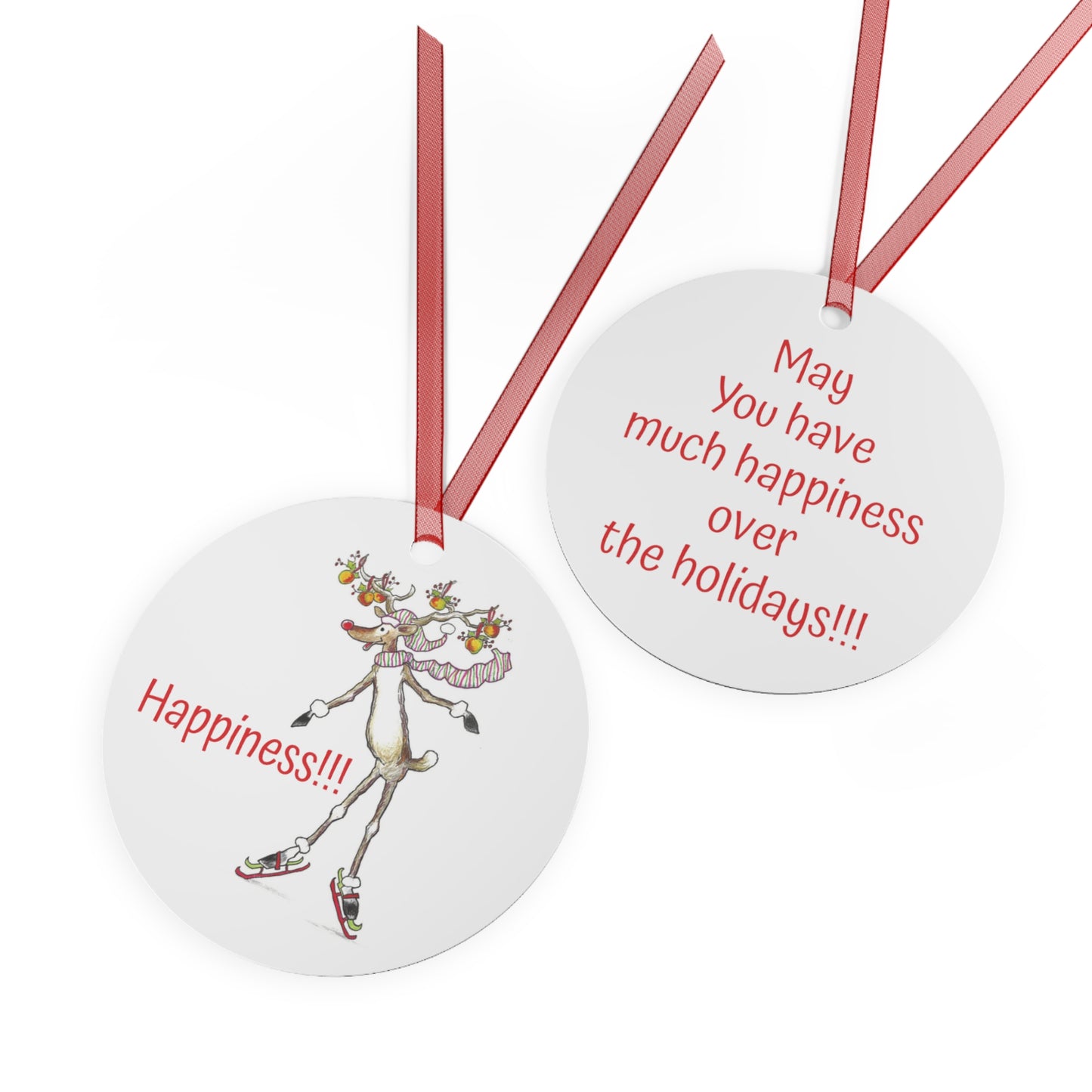 "HAPPINESS" Christmas Tree Metal Ornament with Rudolph the Red Nose Reindeer