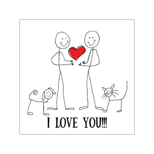 Happy Stick People "I Love You!!!" Happy Valentine's Day Indoor & Outdoor Square Kiss-Cut Vinyl Sticker