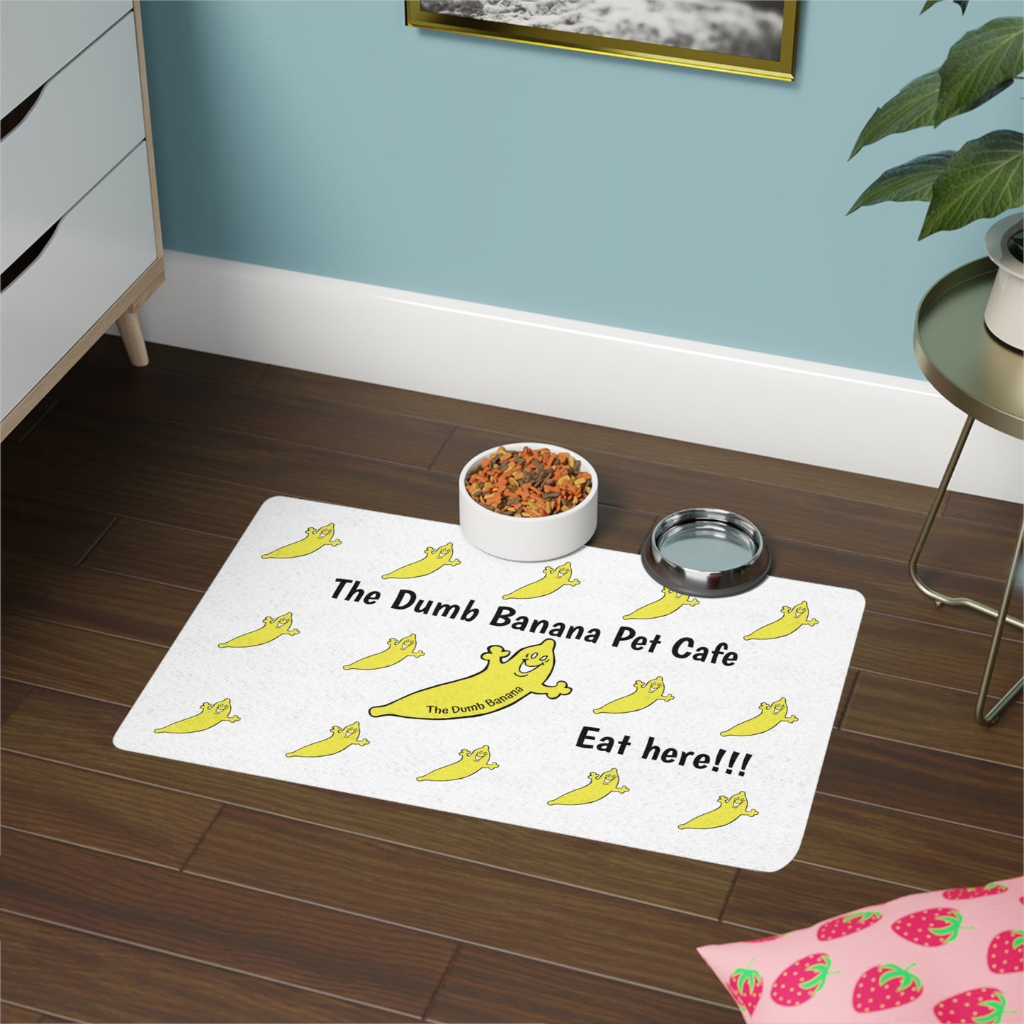 The Dumb Banana Pet Cafe "EAT HERE" White Food Mat - The cafe that all dogs and cats love to eat at!!!