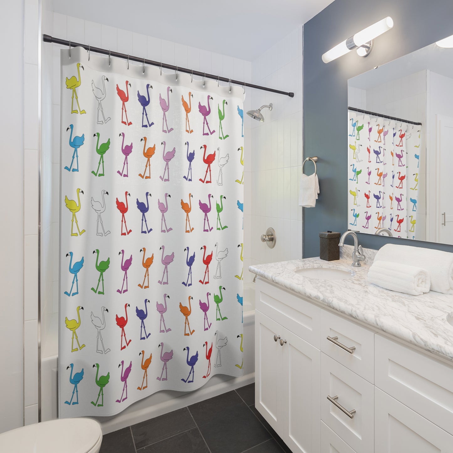 Rainbow Flamingo Club Shower Curtain by Lu Lu