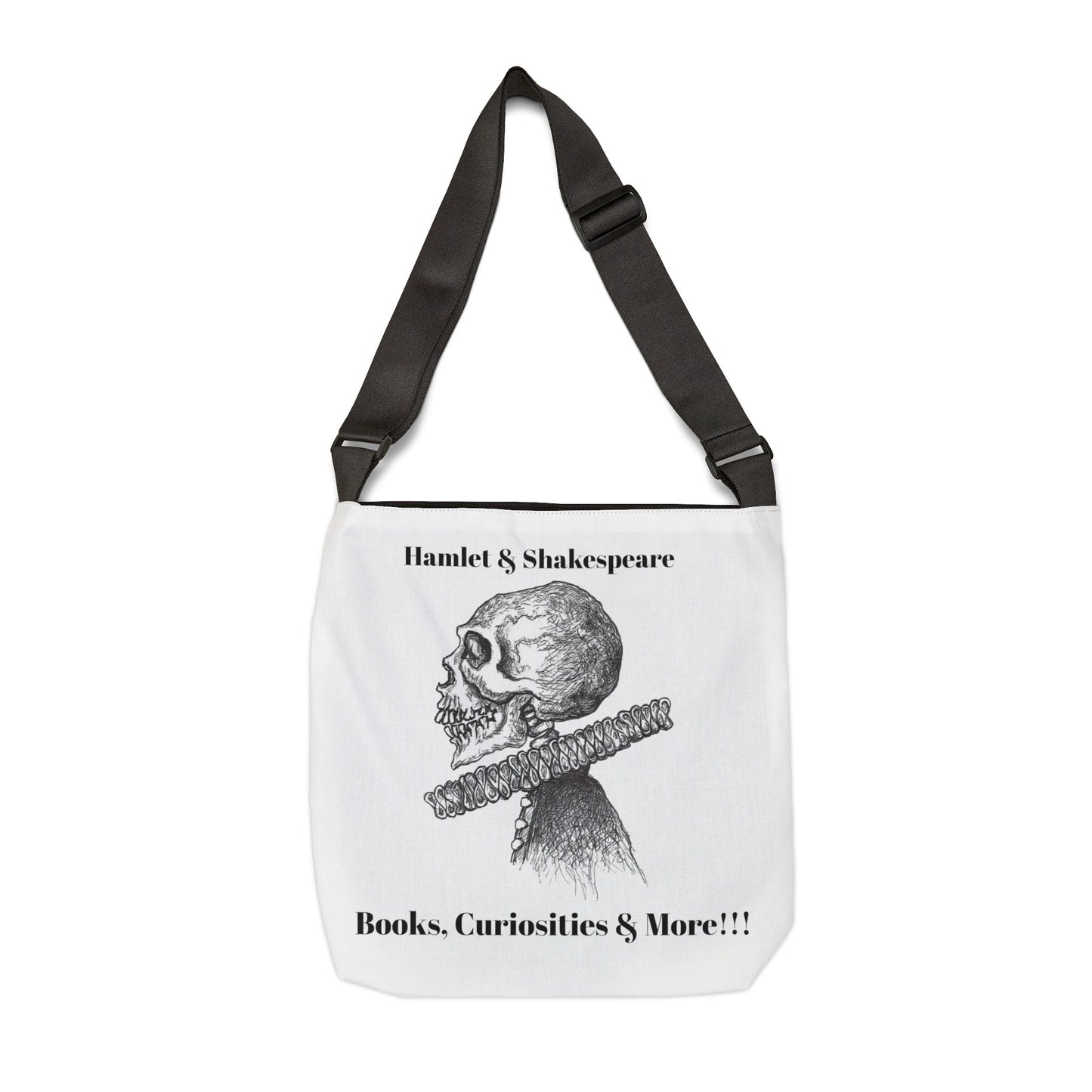 Skeleton William "Willie" Shakespeare & Hamlet Adjustable Tote Bag - "To be or not to be a book bag is the question!!!"