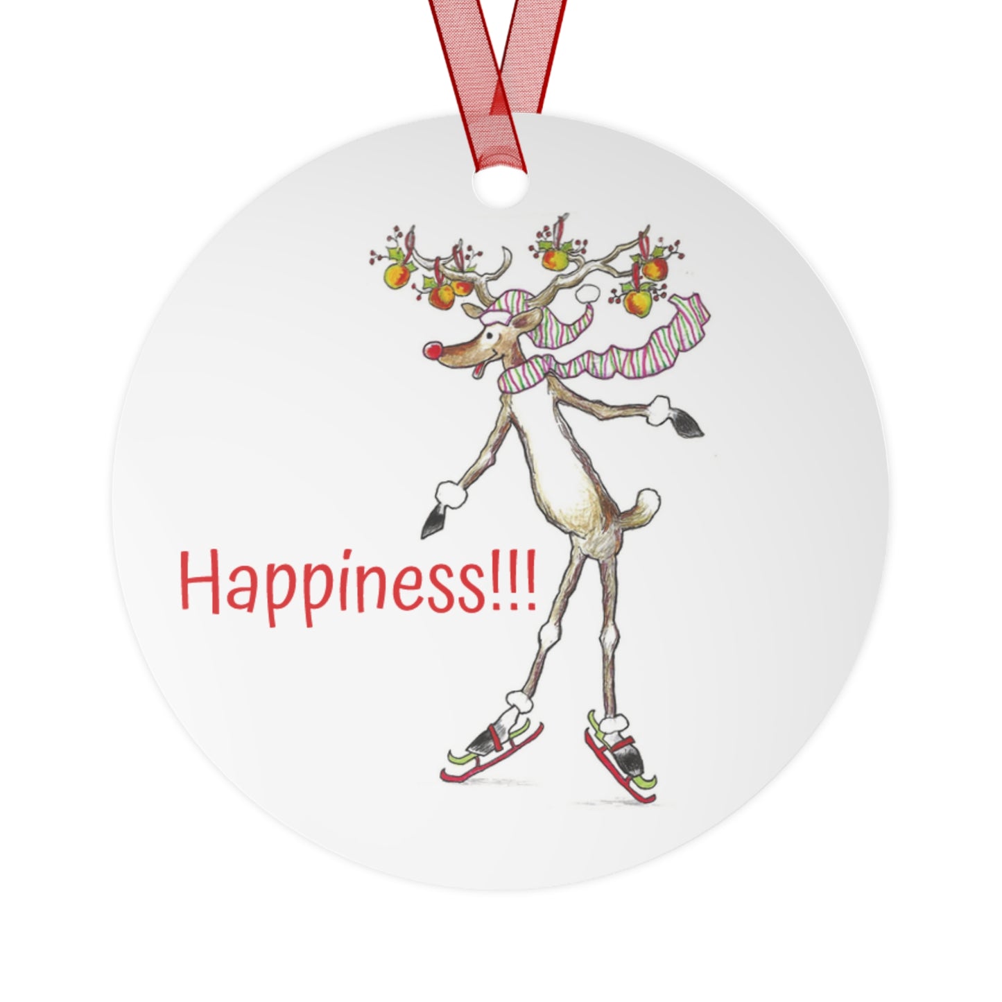 "HAPPINESS" Christmas Tree Metal Ornament with Rudolph the Red Nose Reindeer