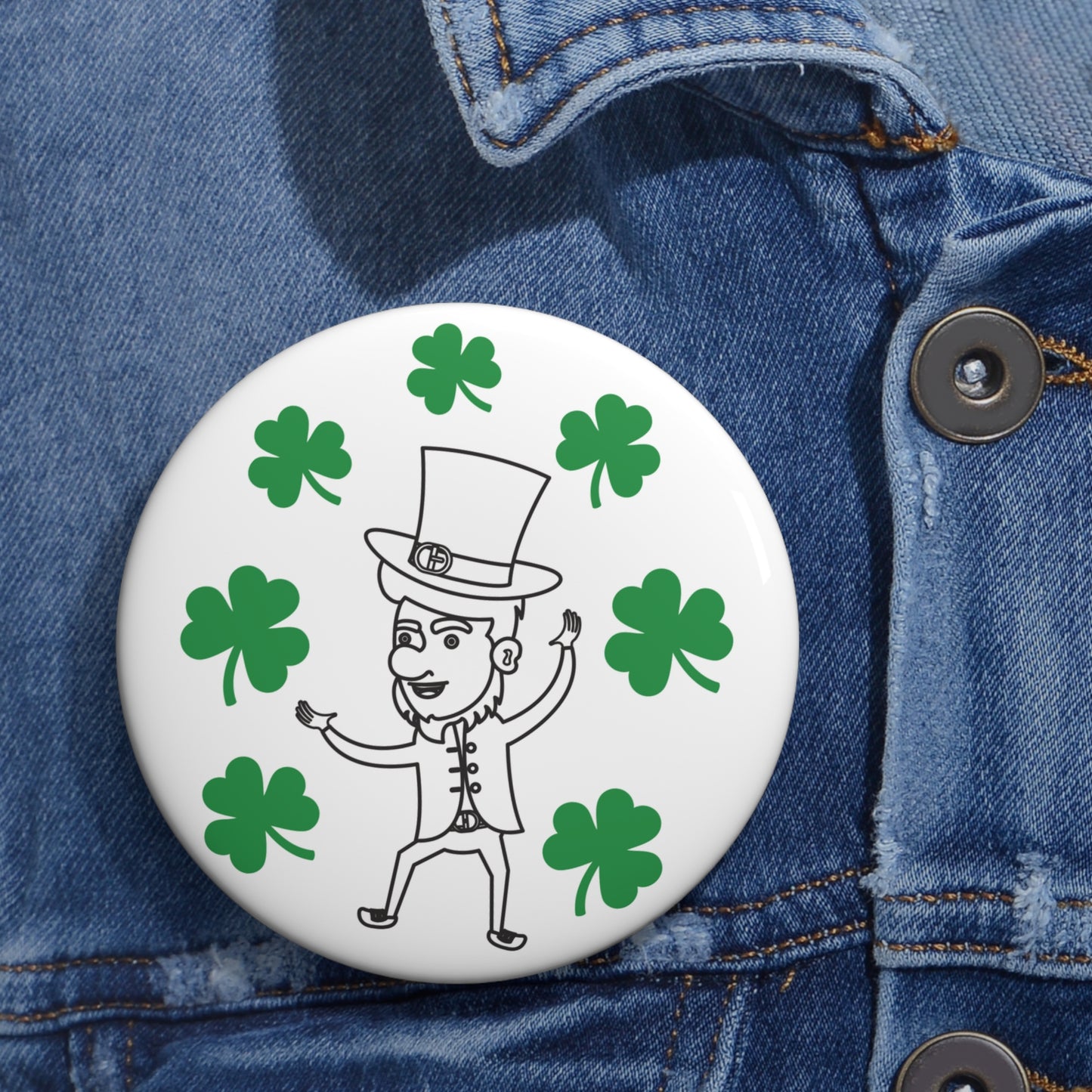 Dancing Leprechaun with Shamrocks Pin Button