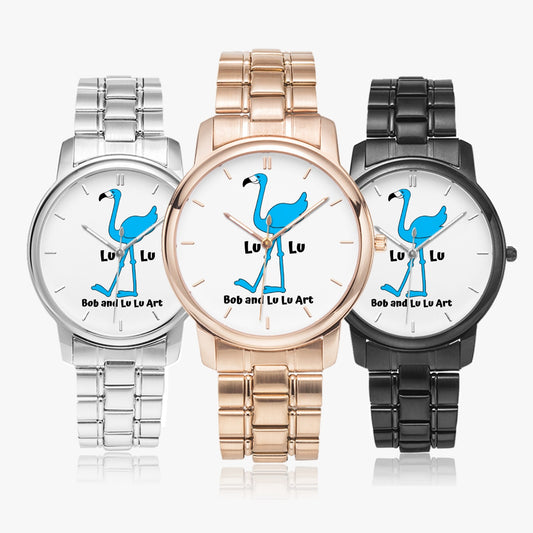 The Classic LU LU THE BLUE FLAMINGO Unisex Stainless Steel Quartz Watch with Indicators & Folding Clasp