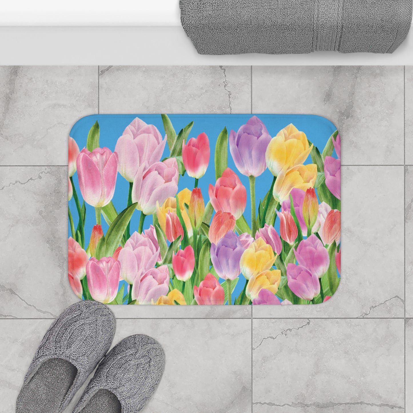 Tulip Sunrise Bath & Shower Mat with Light Blue Accents by Miss Daisy