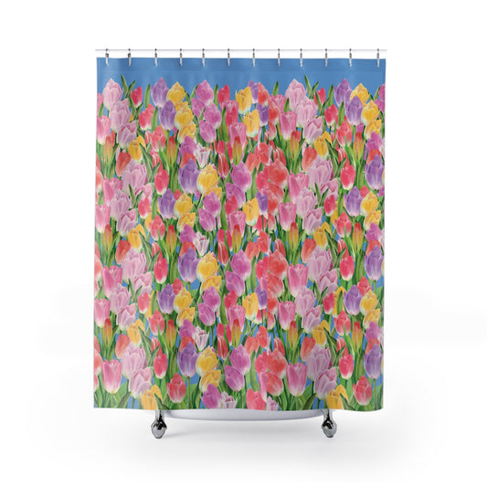 Tulip Sunrise Shower Curtain with Light Blue Accents - The Tulip Sunrise Collection by Miss Daisy