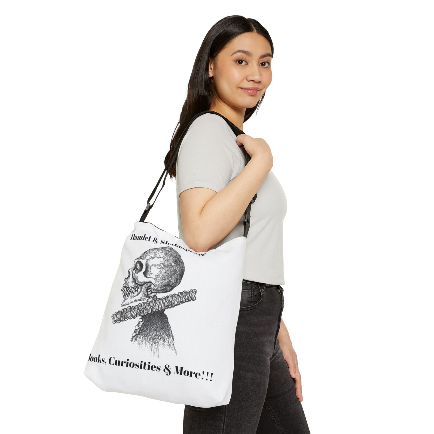 Skeleton William "Willie" Shakespeare & Hamlet Adjustable Tote Bag - "To be or not to be a book bag is the question!!!"