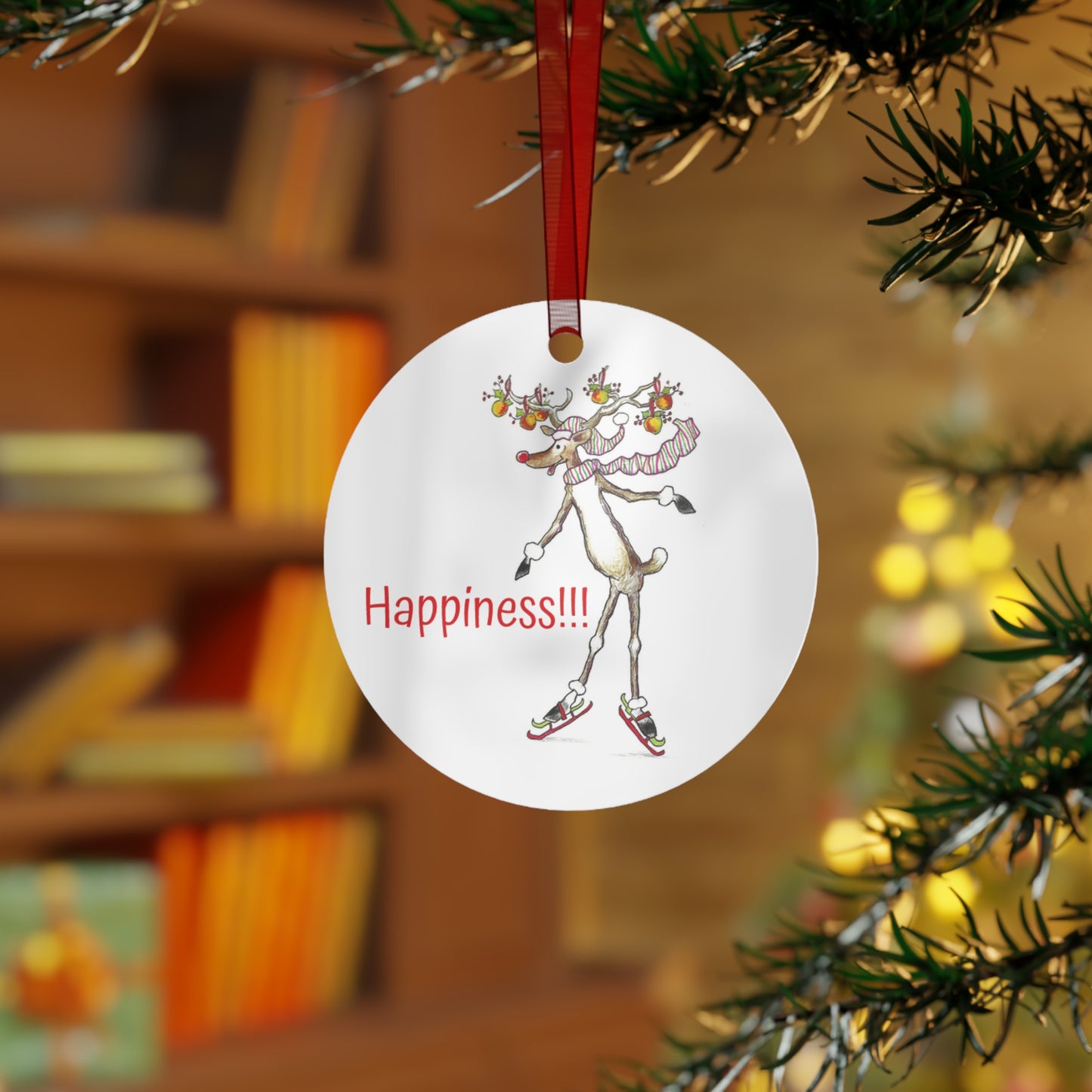 "HAPPINESS" Christmas Tree Metal Ornament with Rudolph the Red Nose Reindeer