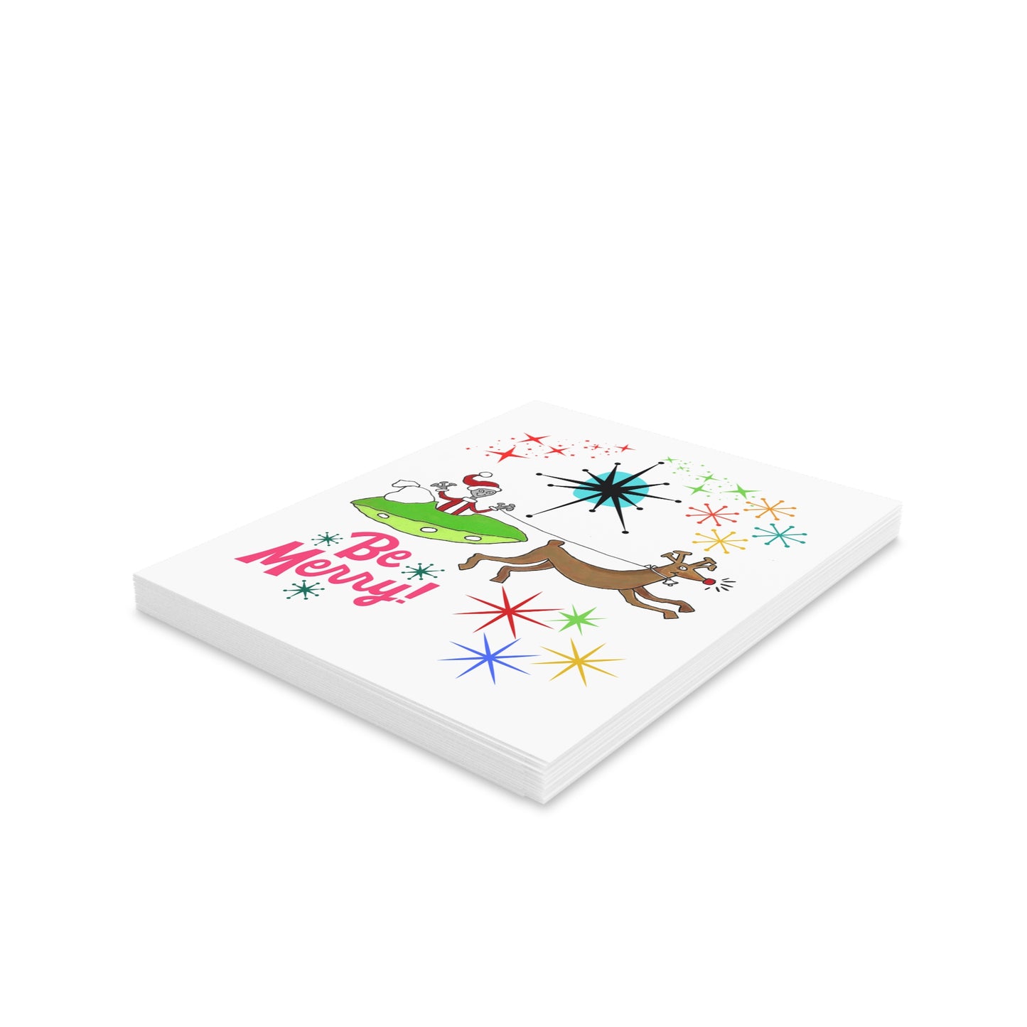 Mid-Century Space Alien Santa Claus & Rudolph Greeting Christmas Cards (8, 16, and 24 pcs)