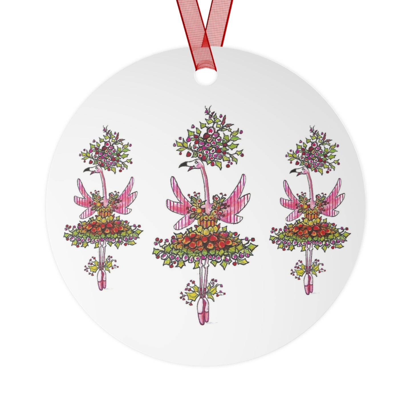 DANCE OF THE PEPPERMINT FLAMINGOS Christmas Tree Ballet Metal Ornament