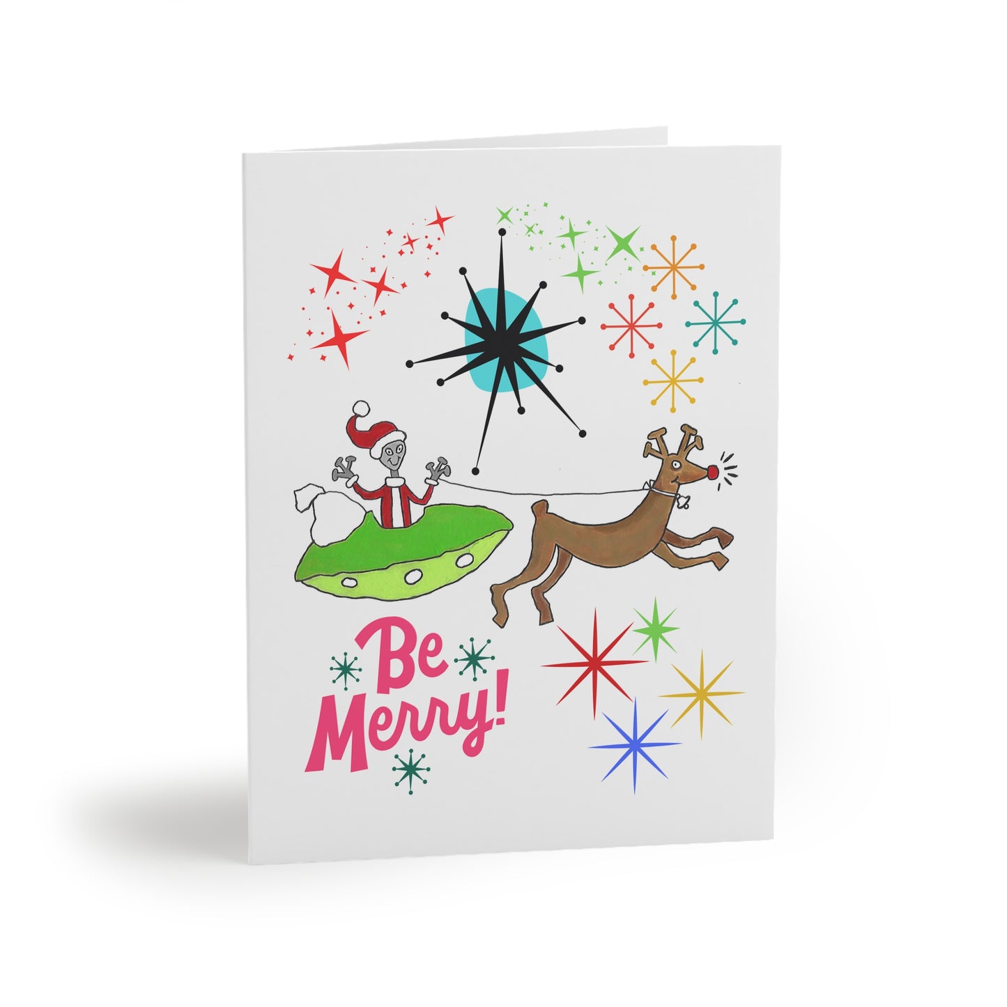 Mid-Century Space Alien Santa Claus & Rudolph Greeting Christmas Cards (8, 16, and 24 pcs)