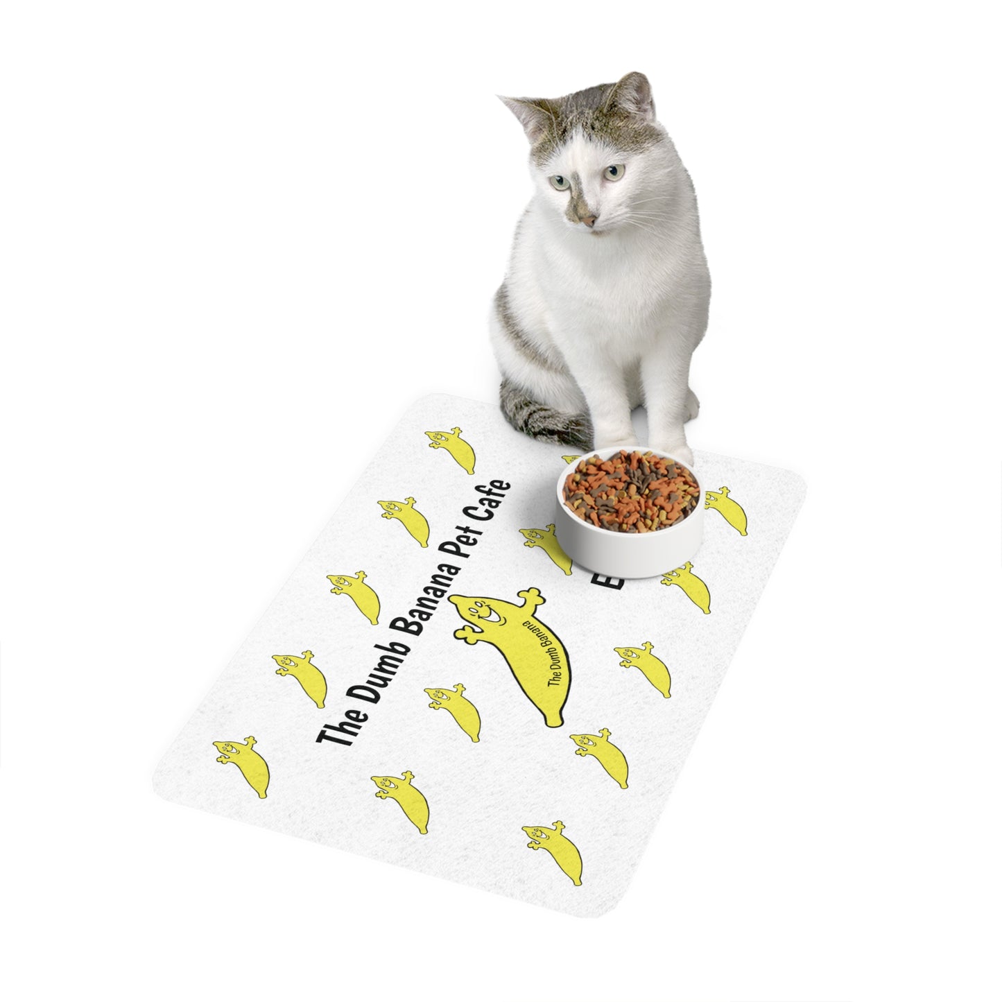The Dumb Banana Pet Cafe "EAT HERE" White Food Mat - The cafe that all dogs and cats love to eat at!!!