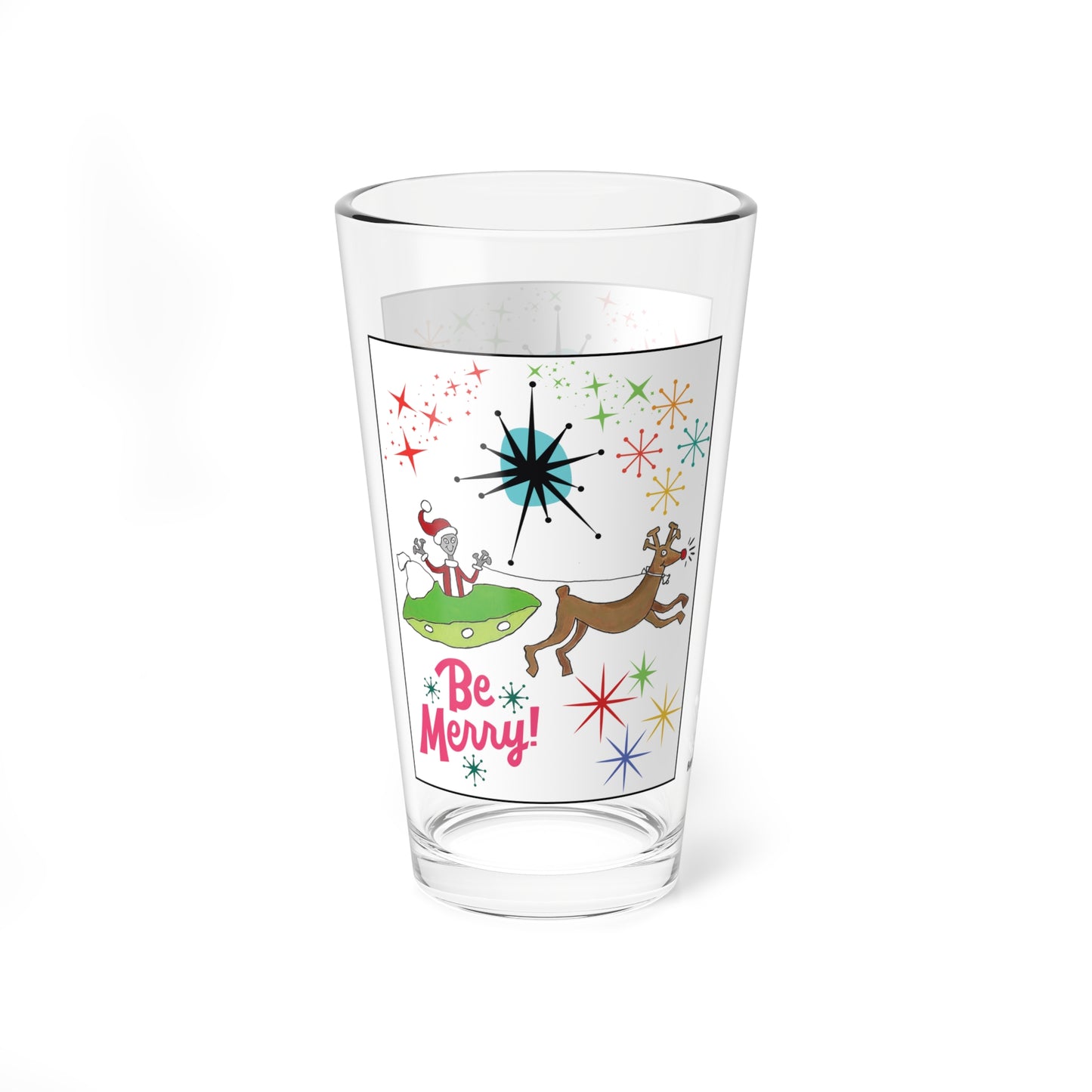 Mid-Century Space Alien Santa Claus & Rudolph 16oz Glass & Shaker