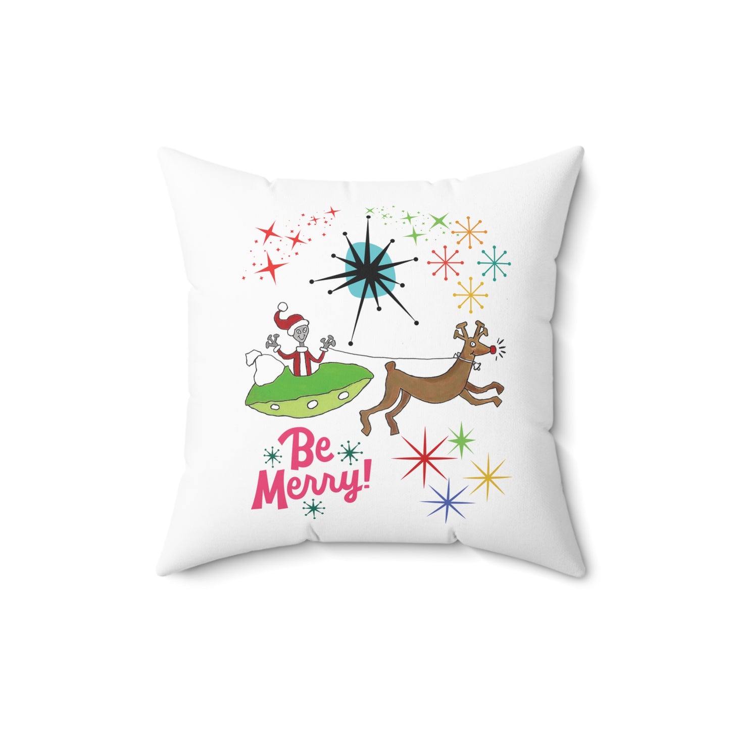 Space Alien Santa Claus & Rudolph Mid-Century Accent 16"X16" Square Pillow