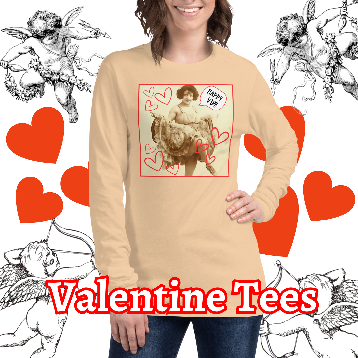 Vintage "Happy VD!!!" Valentine Unisex Style Long Sleeve Regular Fit Tee for Women
