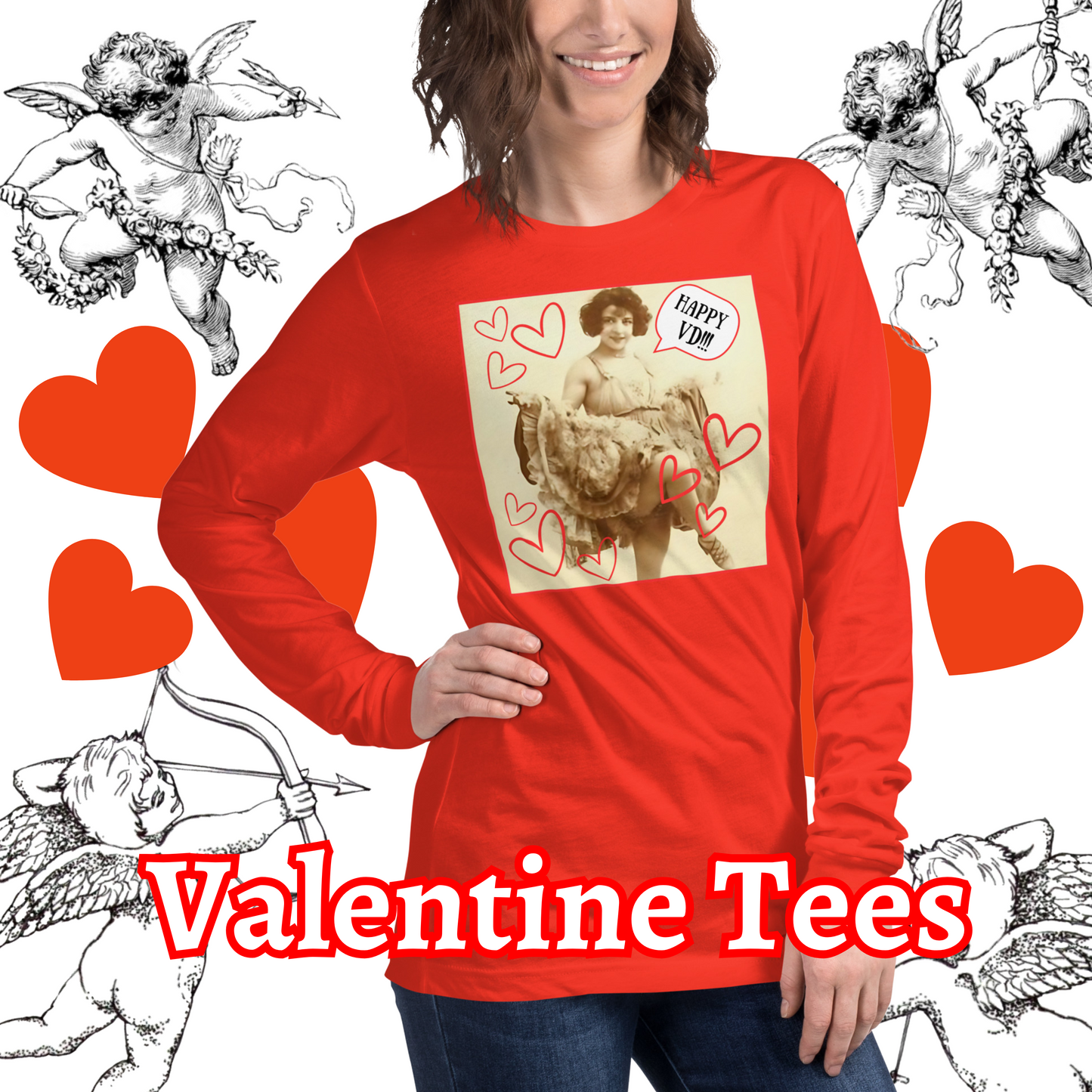 Vintage "Happy VD!!!" Valentine Unisex Style Long Sleeve Regular Fit Tee for Women