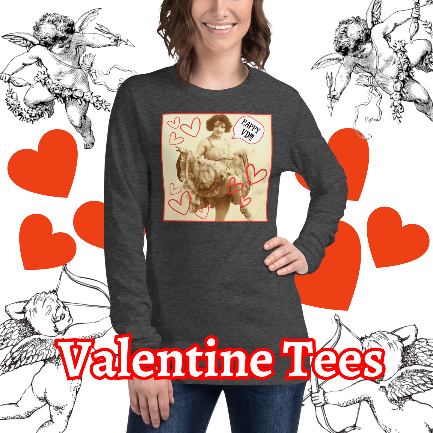 Vintage "Happy VD!!!" Valentine Unisex Style Long Sleeve Regular Fit Tee for Women