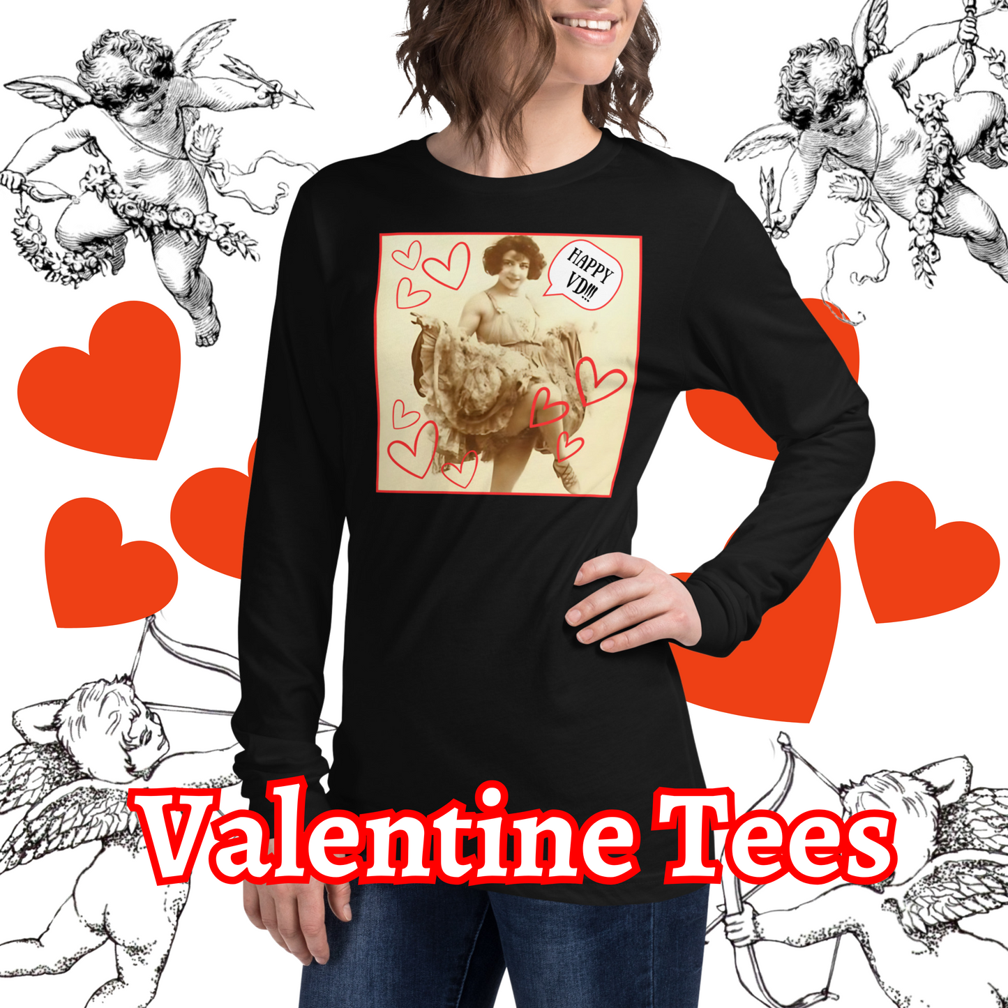 Vintage "Happy VD!!!" Valentine Unisex Style Long Sleeve Regular Fit Tee for Women