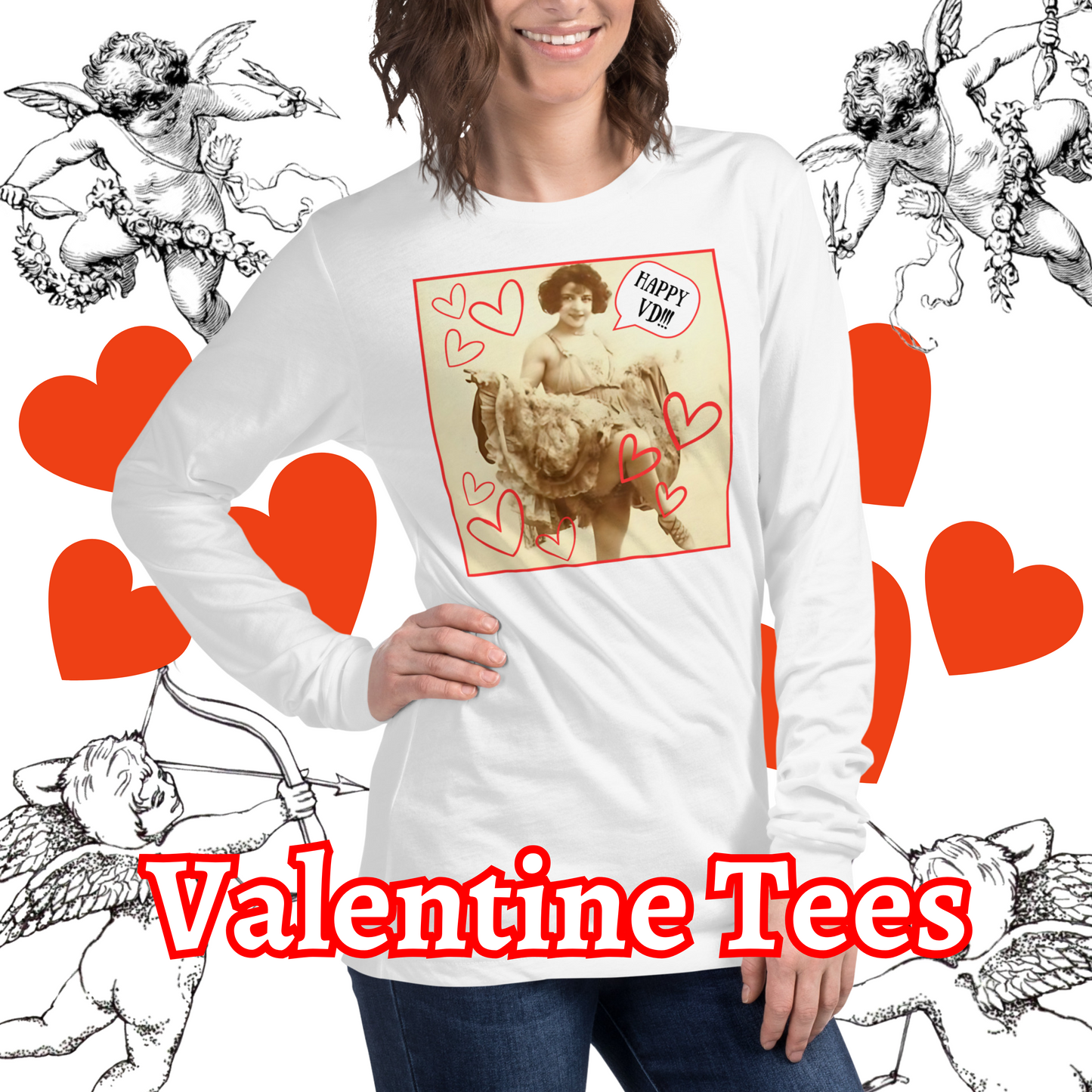 Vintage "Happy VD!!!" Valentine Unisex Style Long Sleeve Regular Fit Tee for Women
