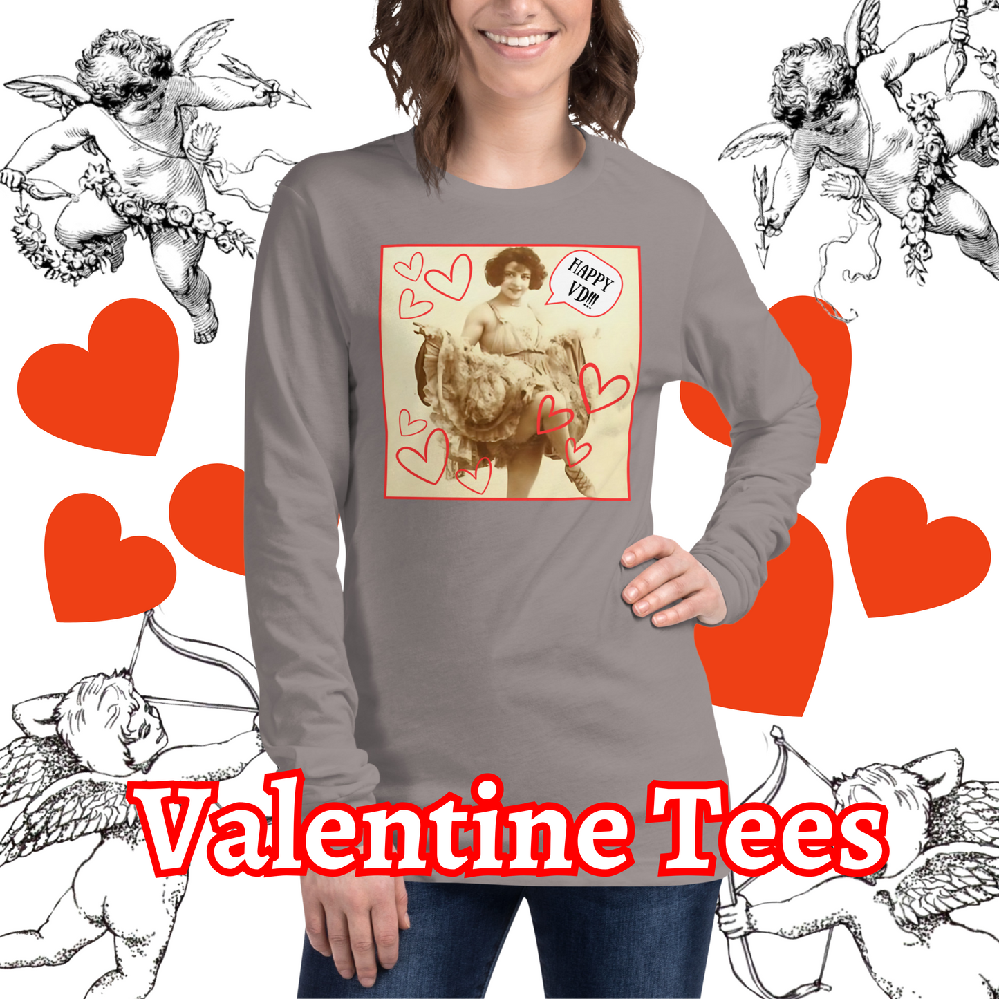 Vintage "Happy VD!!!" Valentine Unisex Style Long Sleeve Regular Fit Tee for Women