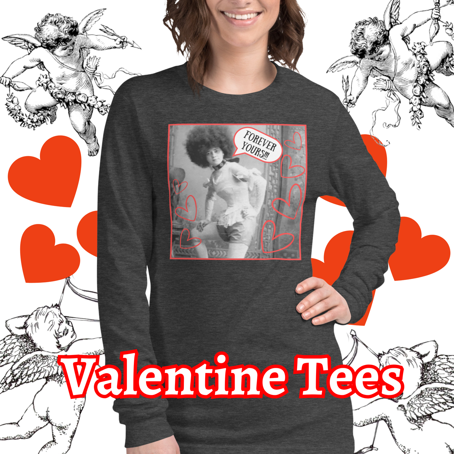 Vintage "Forever Yours!!!" Valentine Unisex Style Long Sleeve Regular Fit Tee for Women