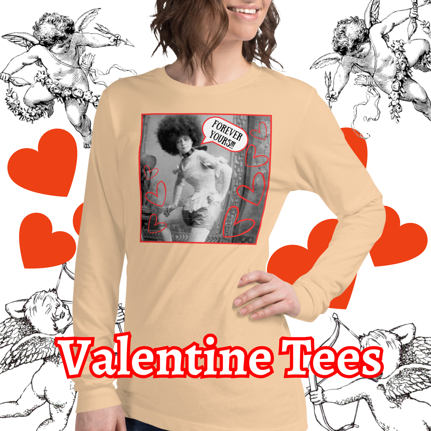 Vintage "Forever Yours!!!" Valentine Unisex Style Long Sleeve Regular Fit Tee for Women