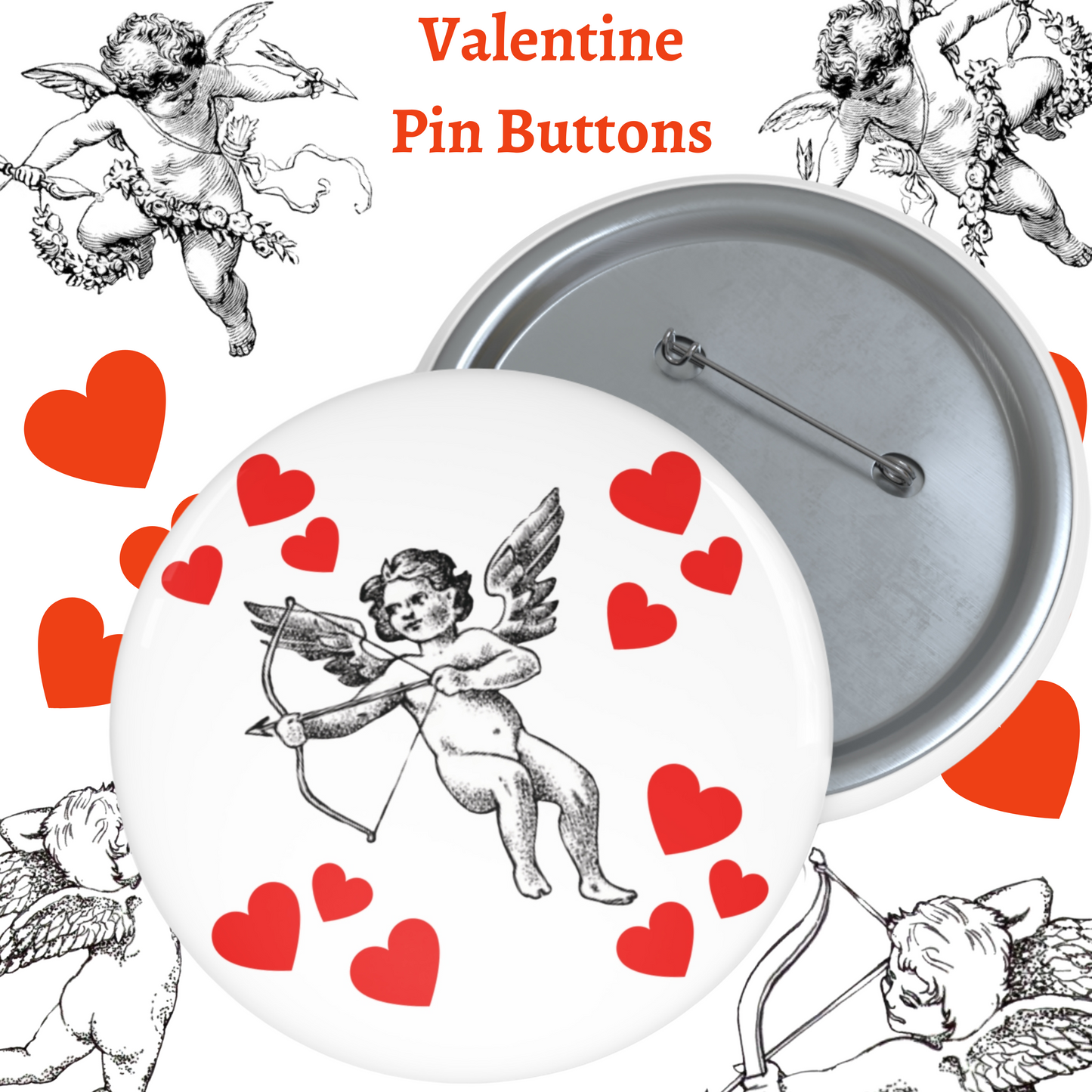 Cupid & Hearts Valentine Pin Button