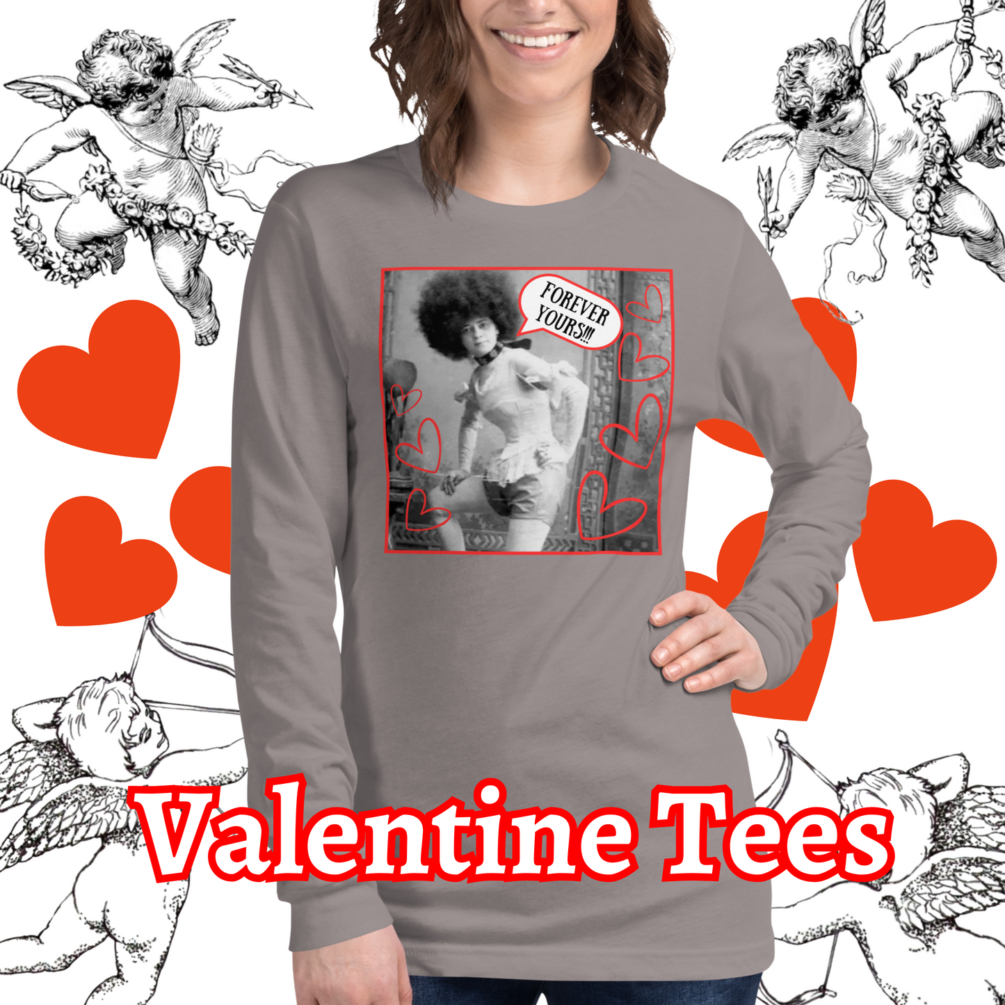 Vintage "Forever Yours!!!" Valentine Unisex Style Long Sleeve Regular Fit Tee for Women