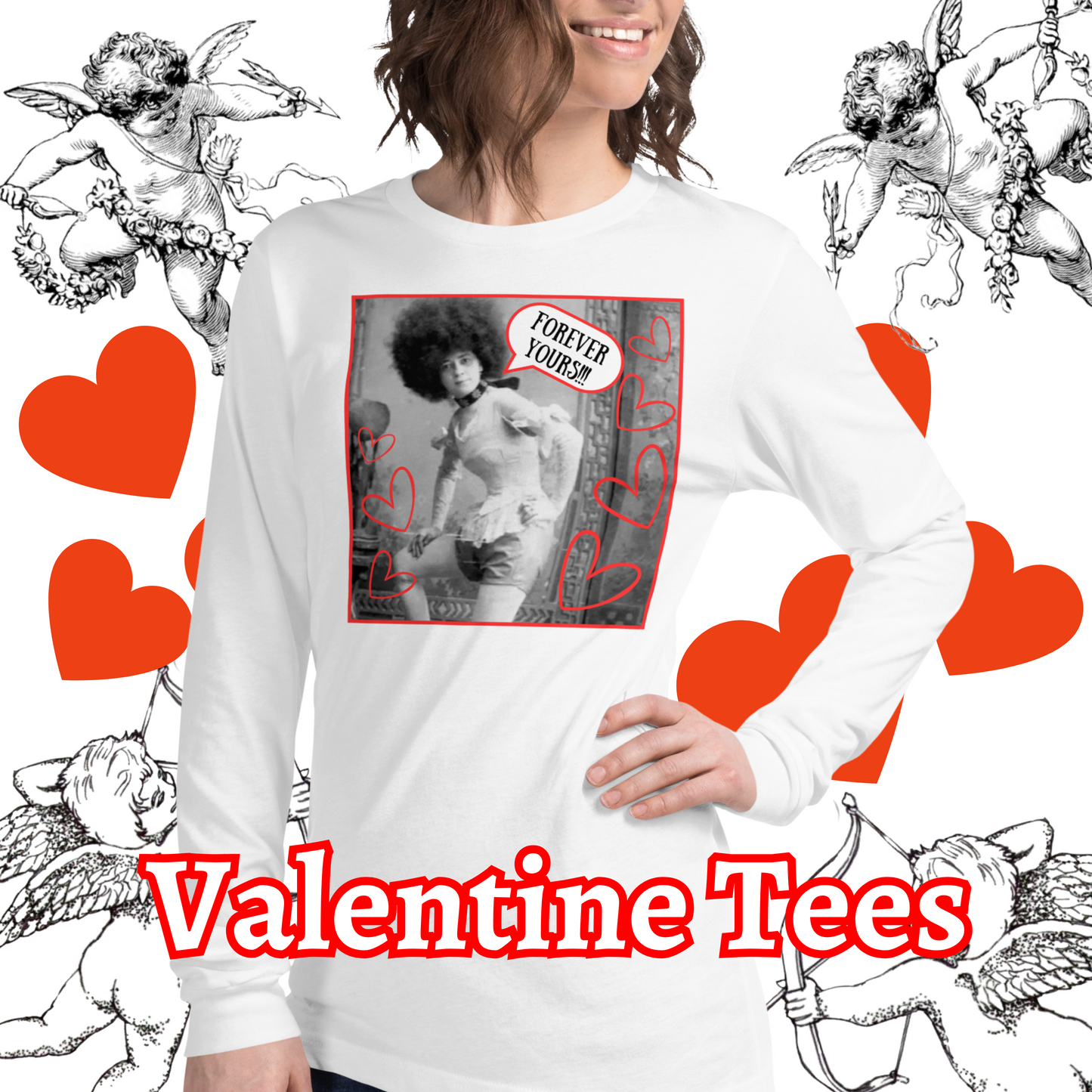 Vintage "Forever Yours!!!" Valentine Unisex Style Long Sleeve Regular Fit Tee for Women