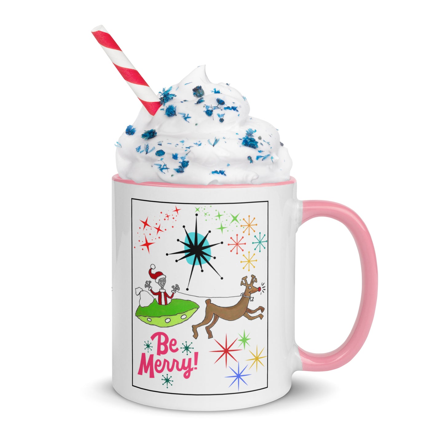 Mid-Century "Be Merry" Space Alien Santa Claus & Rudolph 11oz Coffee & Tea Mug